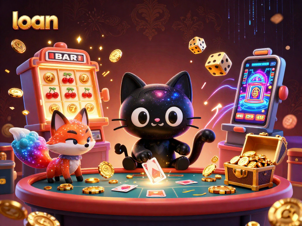 Engage with the loan-focused gameplay in a colorful cosmic casino scene with vibrant characters.