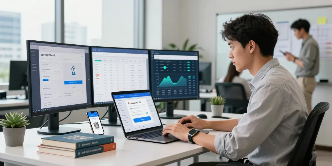 Digital payment processing office with slot deposit qris 5k on screen, showing fintech innovation.