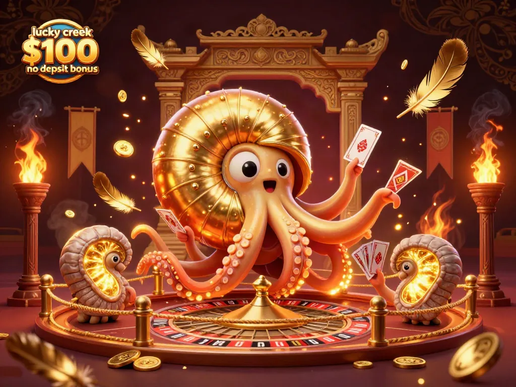Spin to win with lucky creek $100 no deposit bonus featuring a dynamic scene of a nautilus roulette wheel and glowing ammonite companions.