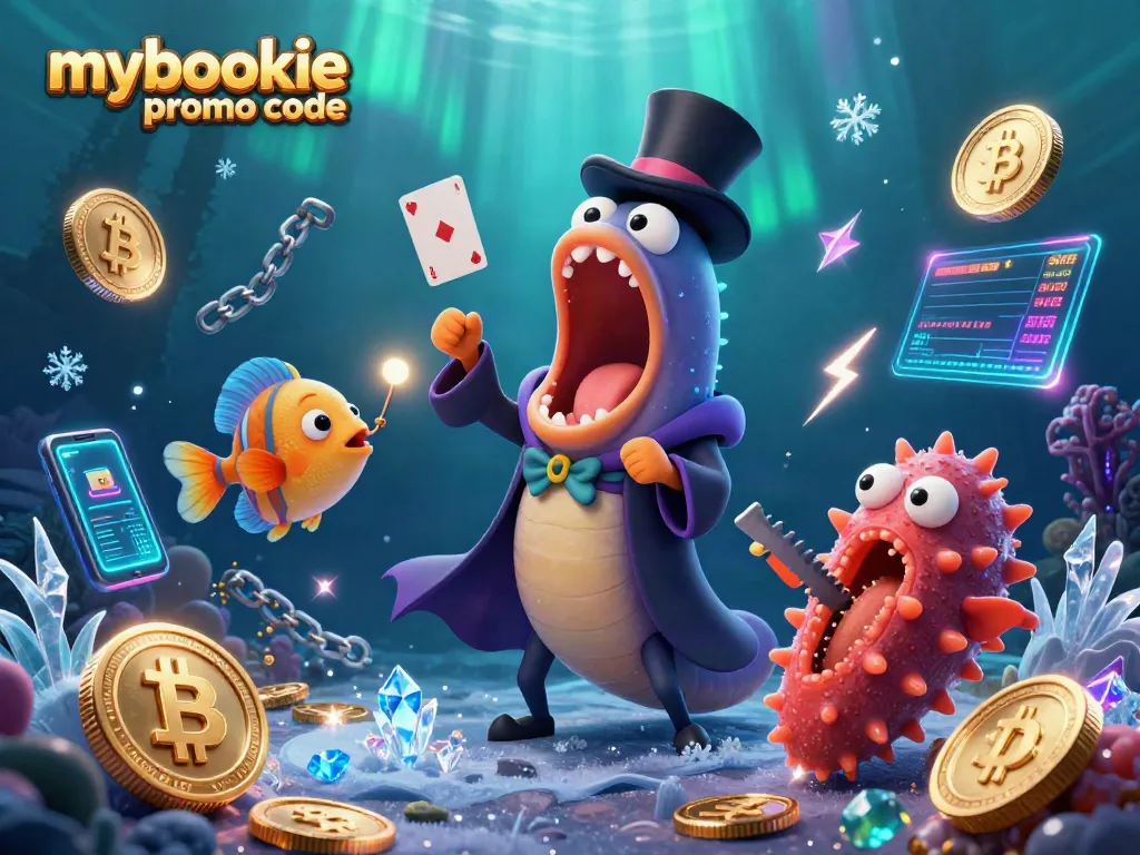 Engage with the mybookie promo code by witnessing a magical underwater casino scene featuring vibrant characters and gaming elements.