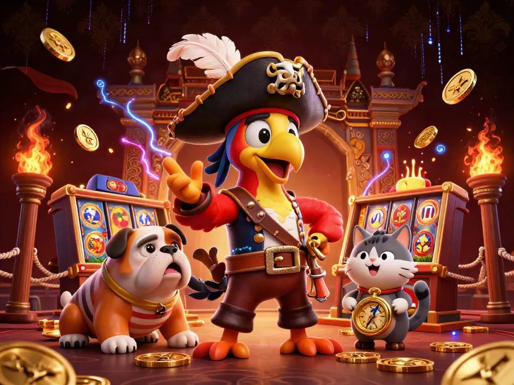 Experience thrilling adventures with sayangbet's pirate captain and friends in an exciting casino scene.