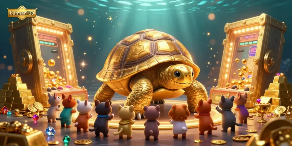 Experience the excitement of batman138 with a vibrant scene of a pinball tortoise and golden treasures.