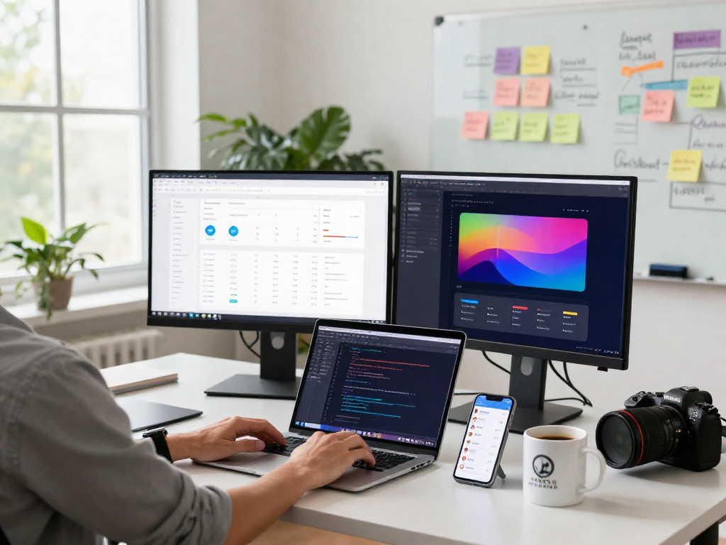 Buy iOS installs representation in a modern app development workspace, showcasing analytics and vibrant design.