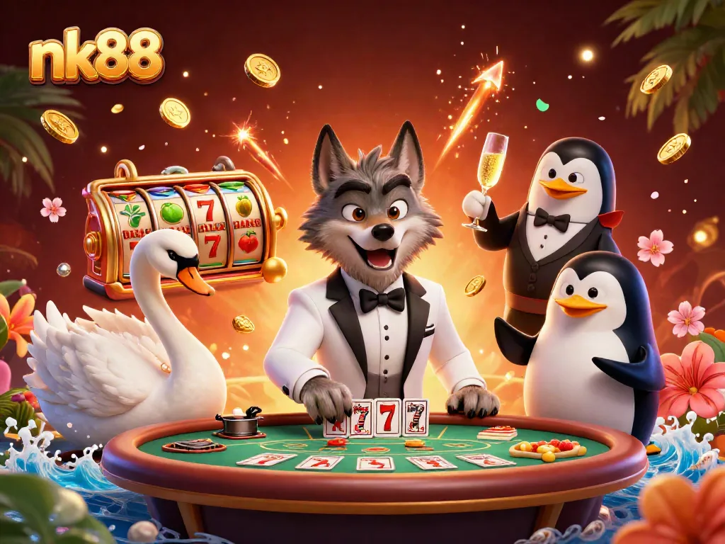 Experience thrilling gameplay with nk88's lively casino illustration featuring vibrant slot elements.