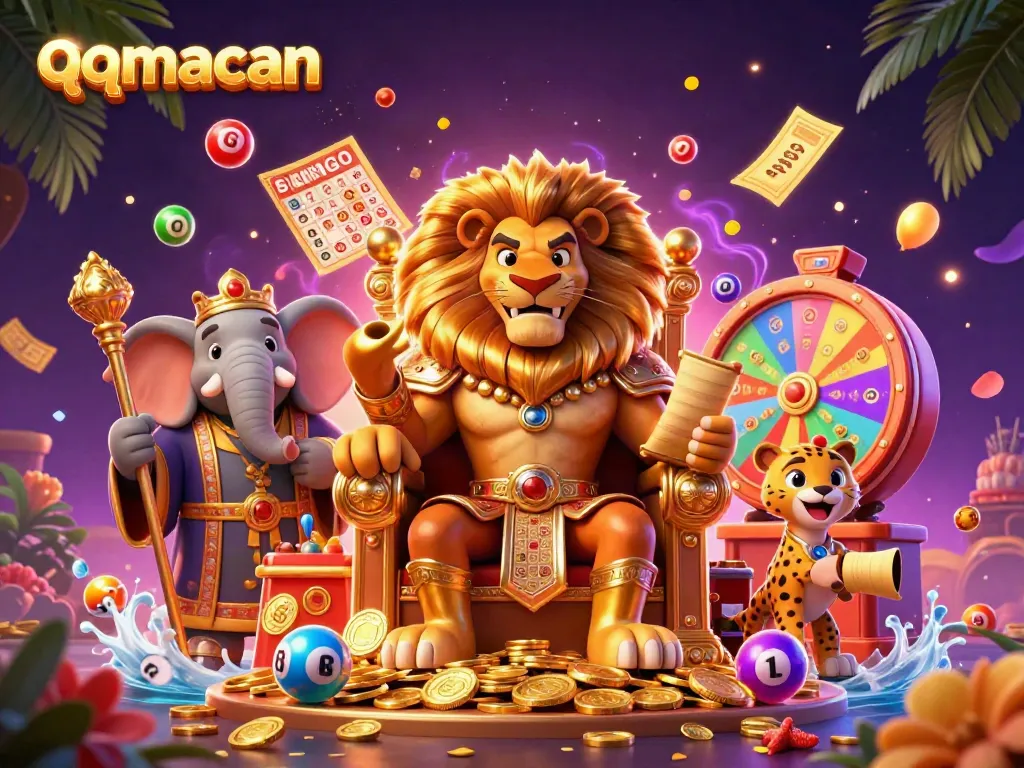 Engage in thrilling casino experiences with qqmacan, featuring vibrant lottery elements and dynamic characters.