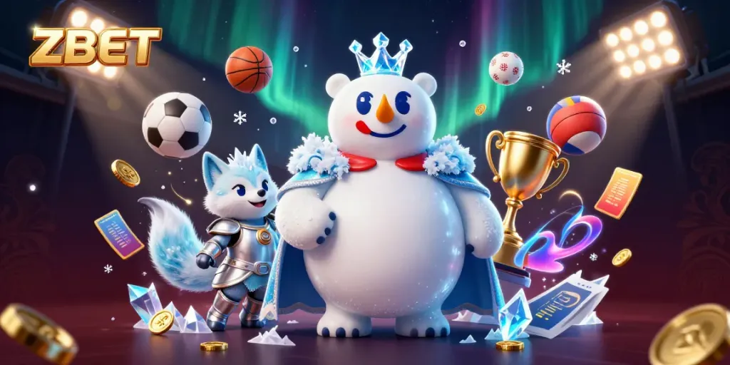 ZBET illustrates dynamic online gaming with a frost-covered ice king, snow fox, and flying sports elements.