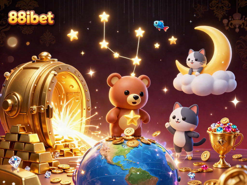88ibet captures vibrant casino energy with constellation bear scooping coins amidst treasures.