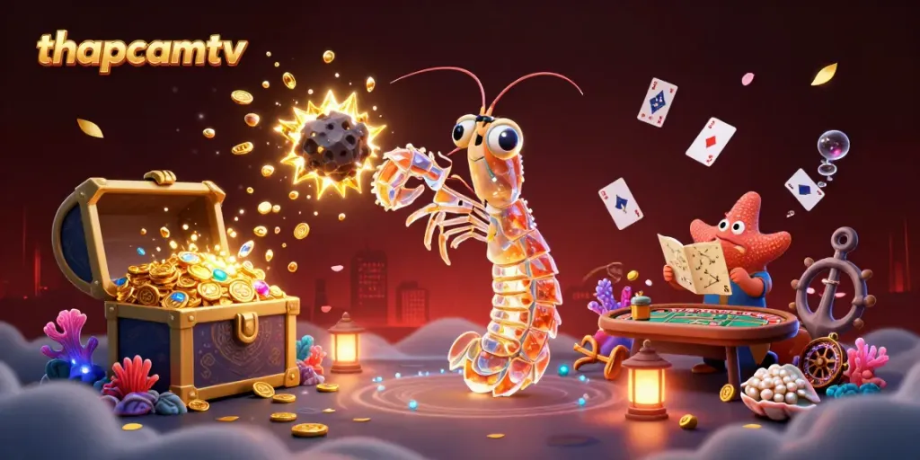 thapcamtv showcases a vibrant 3D illustration of a galactic shrimp interacting with casino elements amidst exploding gems and coins