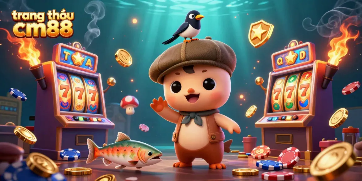 Play engaging games at trang chủ cm88 featuring cartoon Nessie, vibrant slot machines, and exciting casino elements.