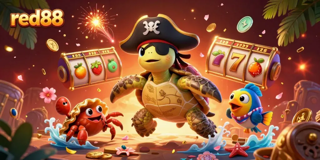 Experience the thrill of red88 with vibrant 3D casino characters surrounded by dynamic slot game elements.