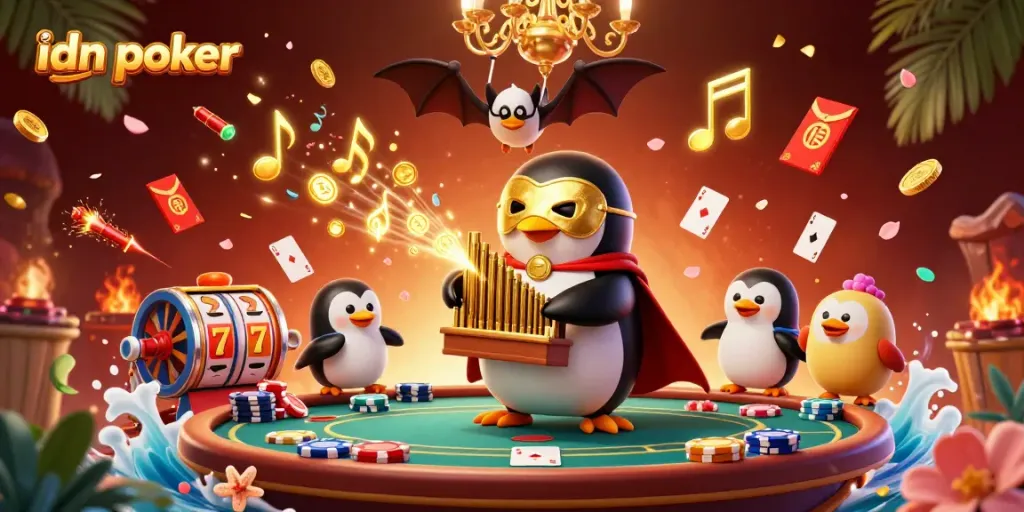 Engage with idn poker through a dynamic scene featuring a masked penguin playing for gold coins with poker elements.