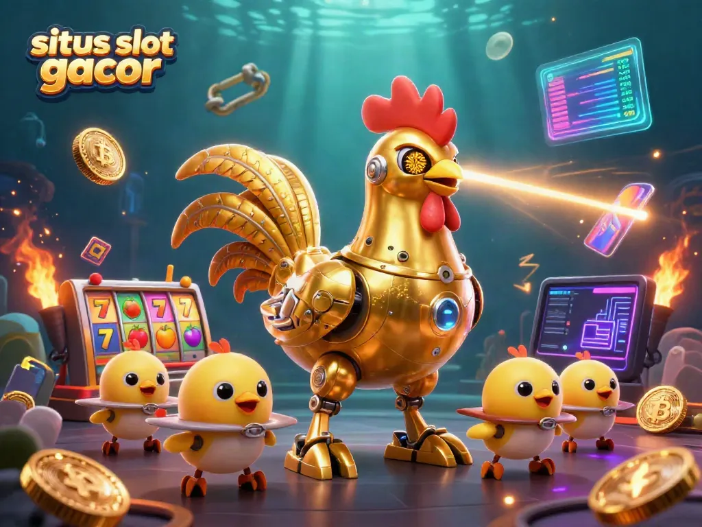 Spin lucky slots with the vibrant situs slot gacor golden rooster robot and chick drones amidst crypto coins.