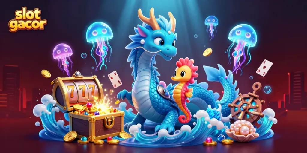 Engage with slot gacor featuring a stunning dragon, seahorse knight, and neon jellyfish amidst casino elements.