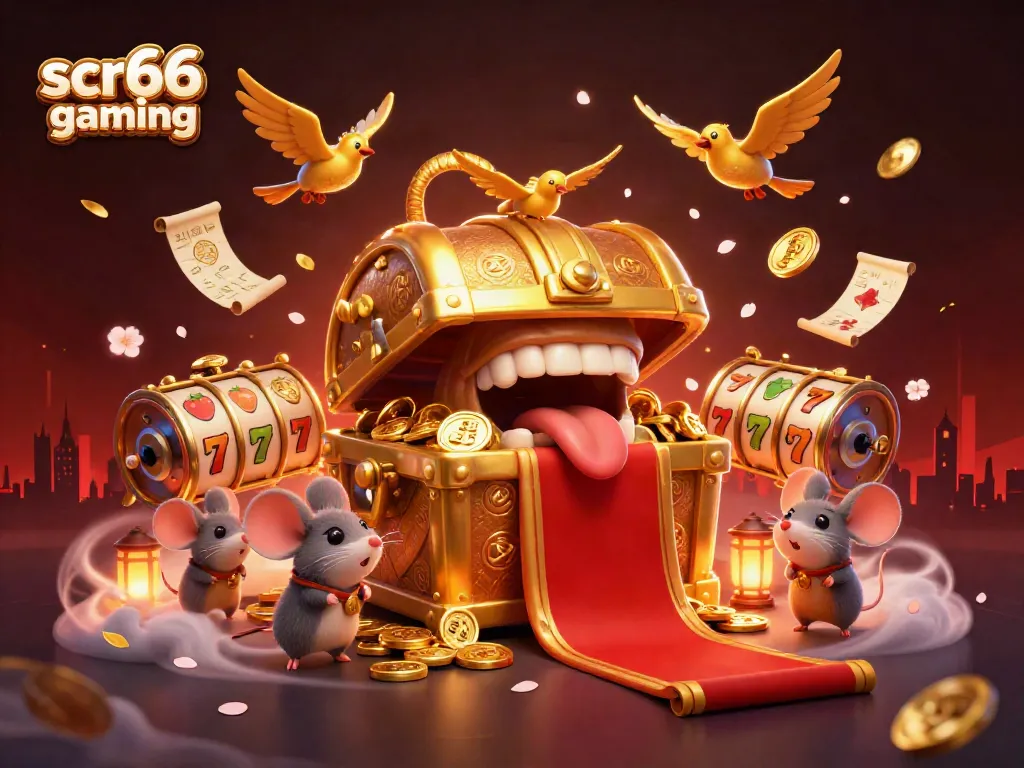 Experience scr66 gaming with vibrant slots and golden treasures in this captivating illustration.