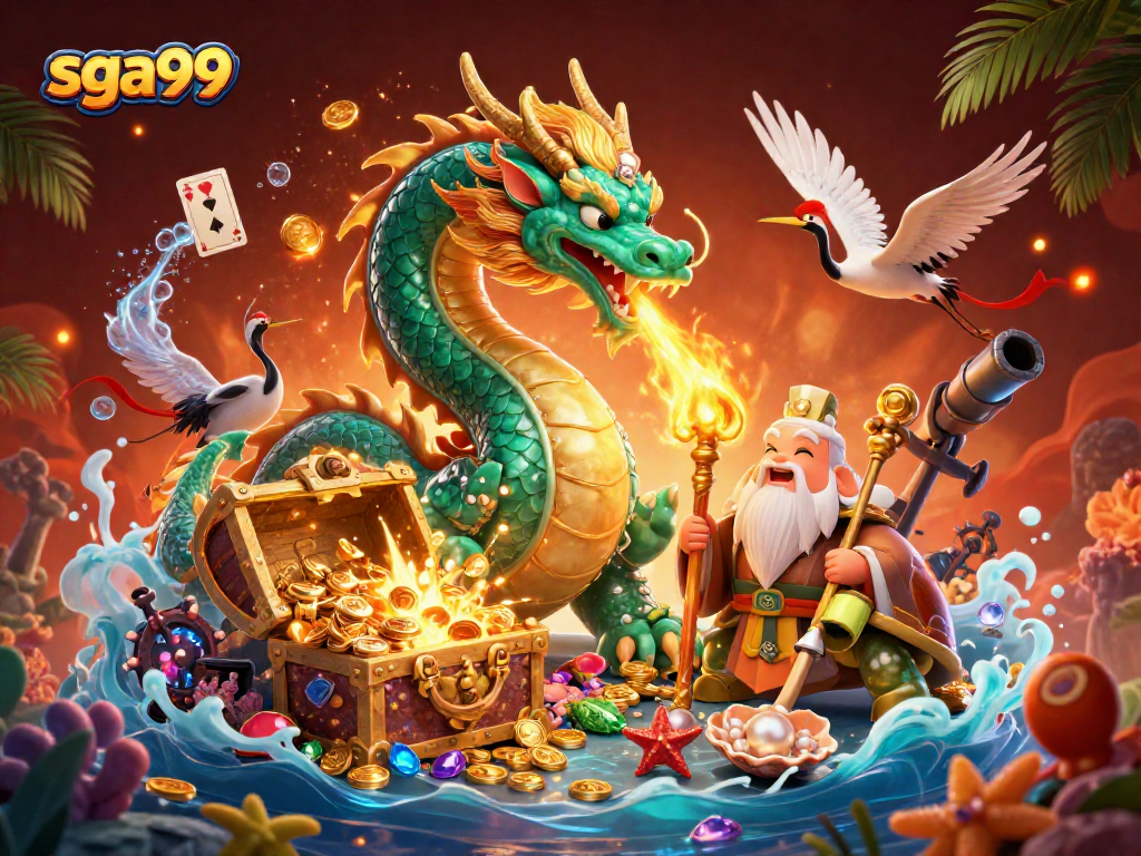 Engage in elite casino gaming with SGA99's vibrant illustration featuring symbolic characters and treasures.