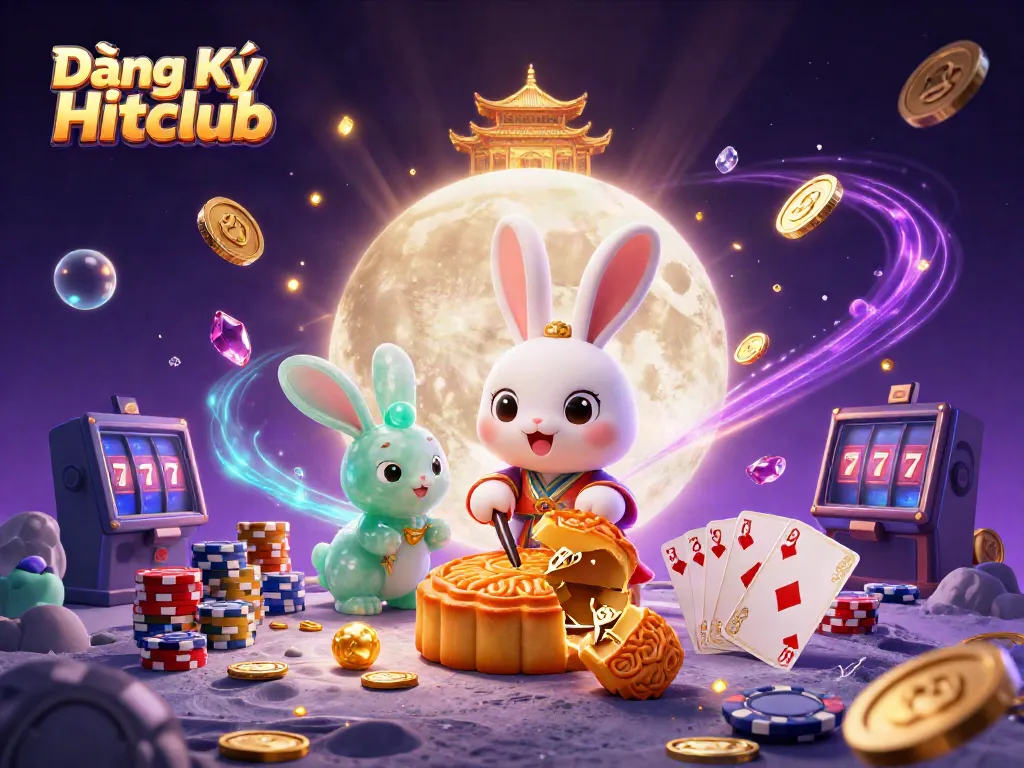 Experience excitement with Đăng Ký Hitclub, where the moon rabbit reveals poker chips amidst a vibrant casino scene.