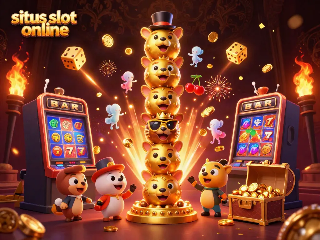 Gambar situs slot online dengan totem emas dan mesin slot menghasilkan jackpot.