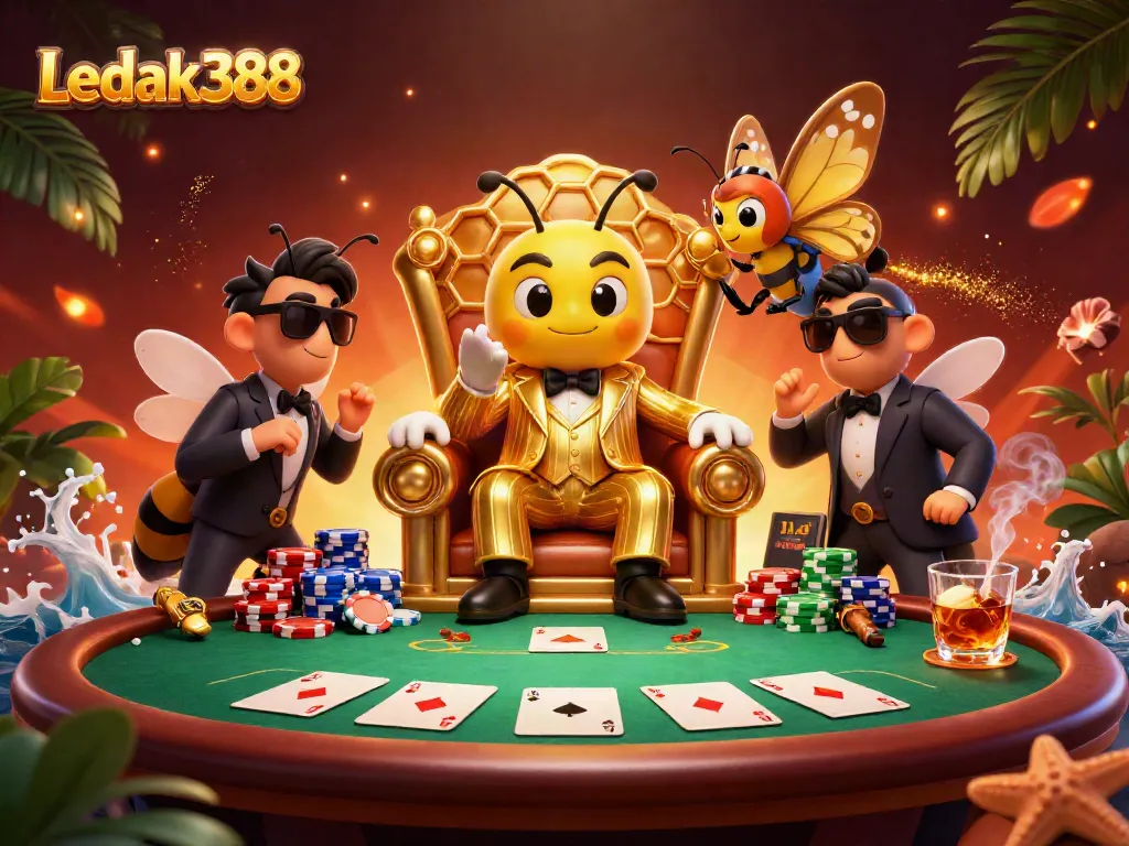 Experience high stakes fun with Ledak388 in a lively casino scene featuring vibrant characters and games.