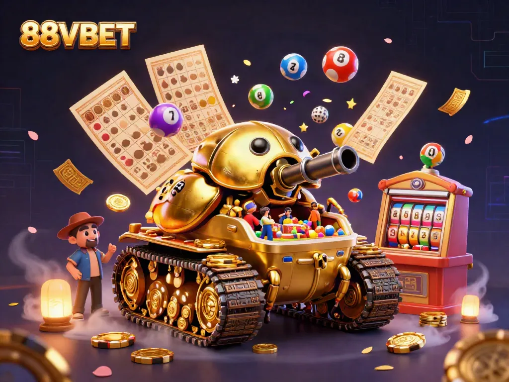 Engage in exciting gaming at 88VBET with a spectacular golden beetle tank casino scene.
