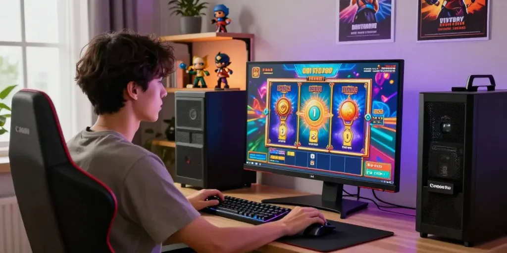 Energetic gaming setup showcasing link alternatif proplay88 engaging slot machine graphics and modern decor.