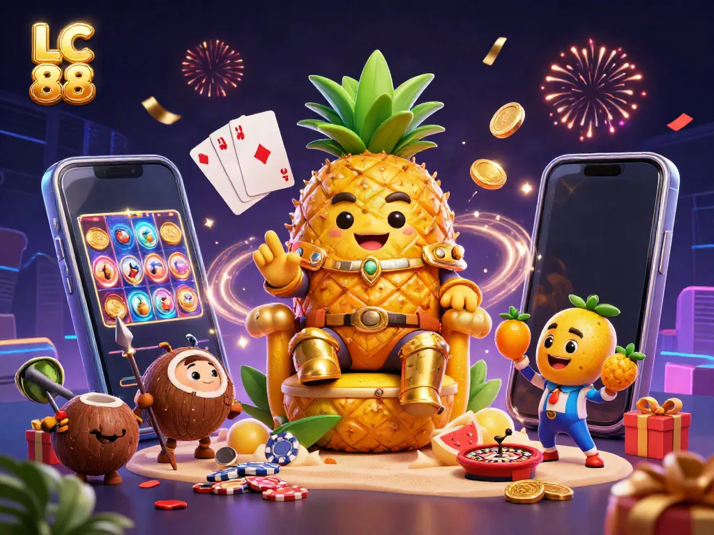 Engage with thrilling games at LC 88 casino featuring a golden pineapple king and vibrant gaming elements.