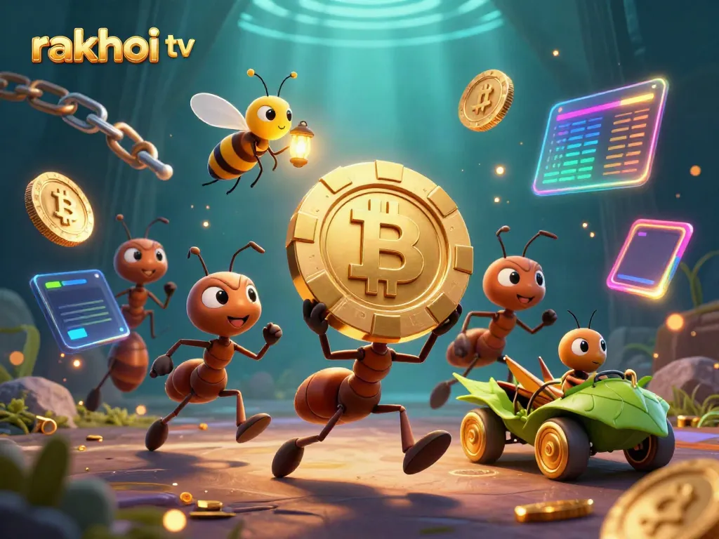 Experience thrilling moments with rakhoi tv as ants steal a giant poker chip in a vibrant 3D scene.