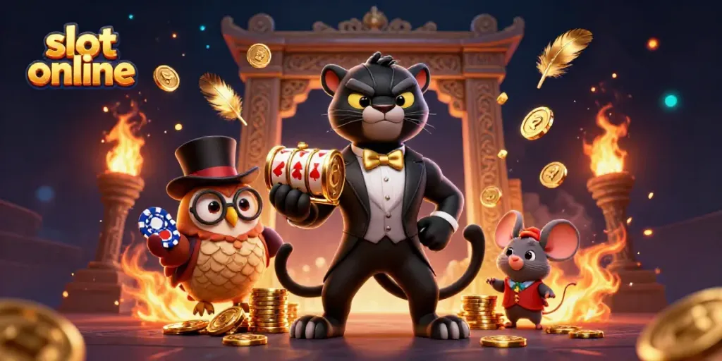 Engage with slot online excitement in a vibrant 3D casino illustration featuring colorful characters.