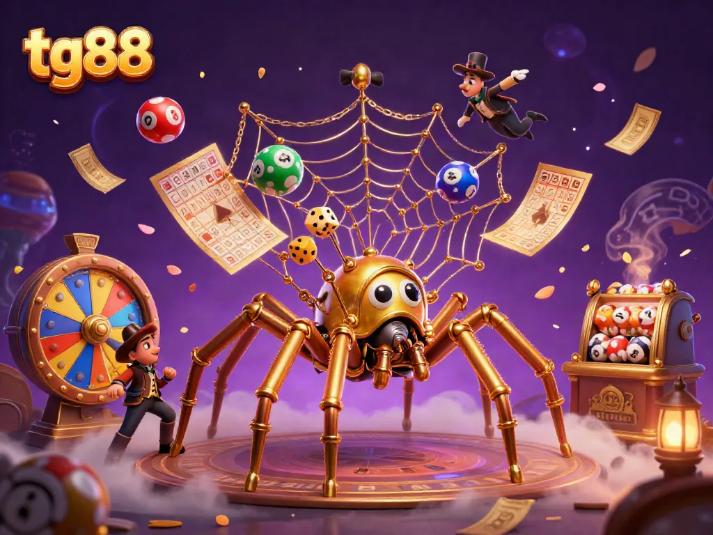 Engage in thrilling casino action with tg88 as a golden spider weaves a web of chance among vibrant lottery elements.
