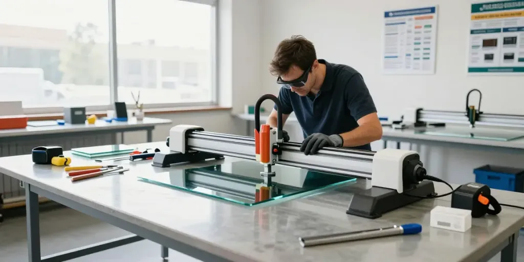 Technician using a glass cutting machine in a modern workshop.