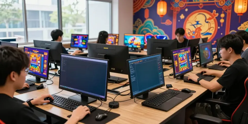 PESGSLOT online gaming clinic showcasing users immersed in colorful slot games.