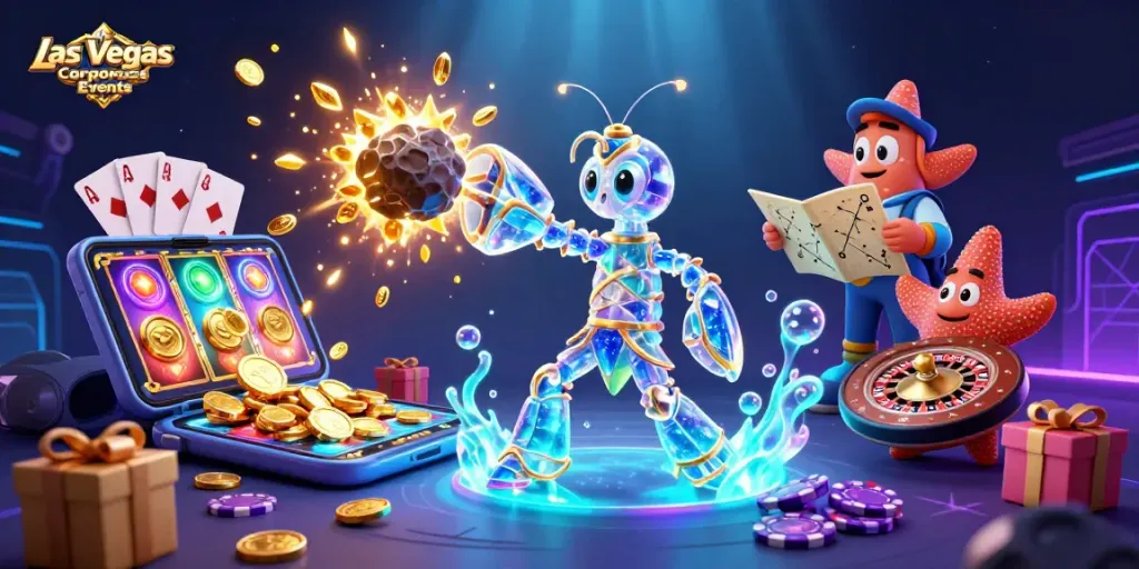 Engage in Las Vegas Corporate Events with vibrant game elements and energetic characters in a futuristic 3D scene.
