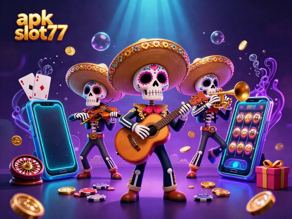 Menggali keseruan menang di apk slot77 dengan penampilan meriah band mariachi tengkorak yang cerah.