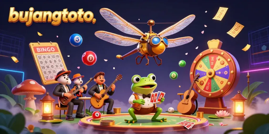 Engage with bujangtoto as a playful dragonfly pilot hovers over a lily pad casino, surrounded by lively gambling elements.