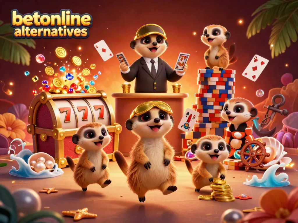Betonline alternatives come alive as cartoon meerkats run a vibrant casino operation filled with lively gaming elements.