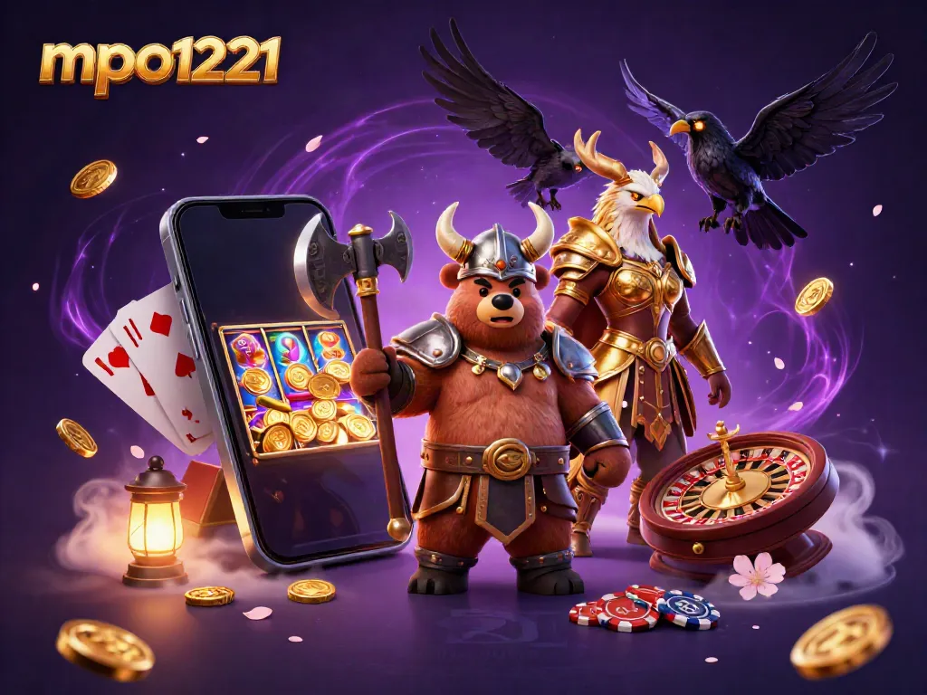 Engage with mpo1221 through a vibrant 3D illustration of dynamic casino gaming featuring characters and gaming elements.