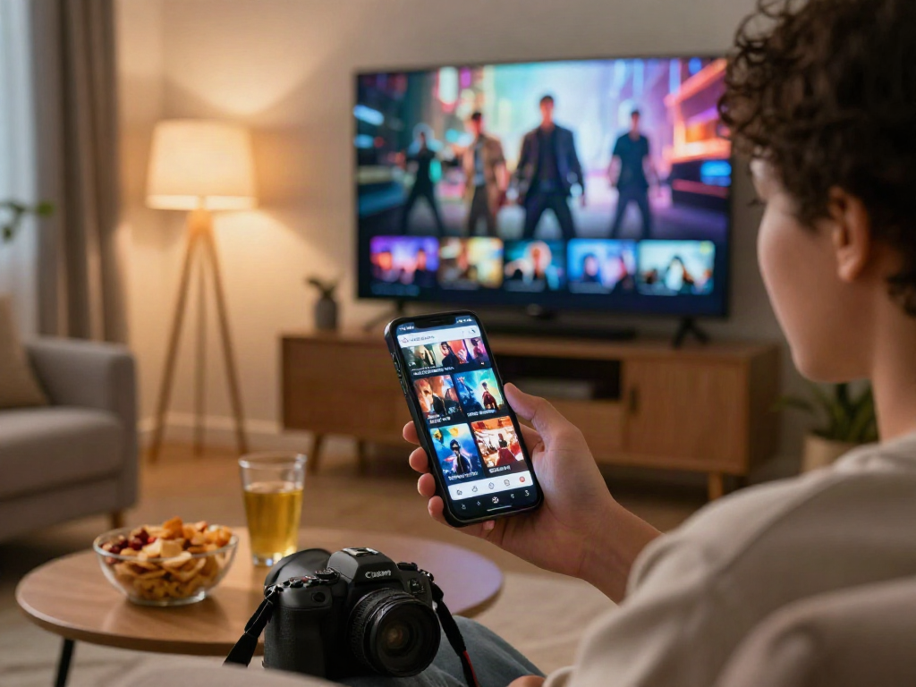 Discover filmyzilla APK on a smartphone in a cozy living room while enjoying a movie night.