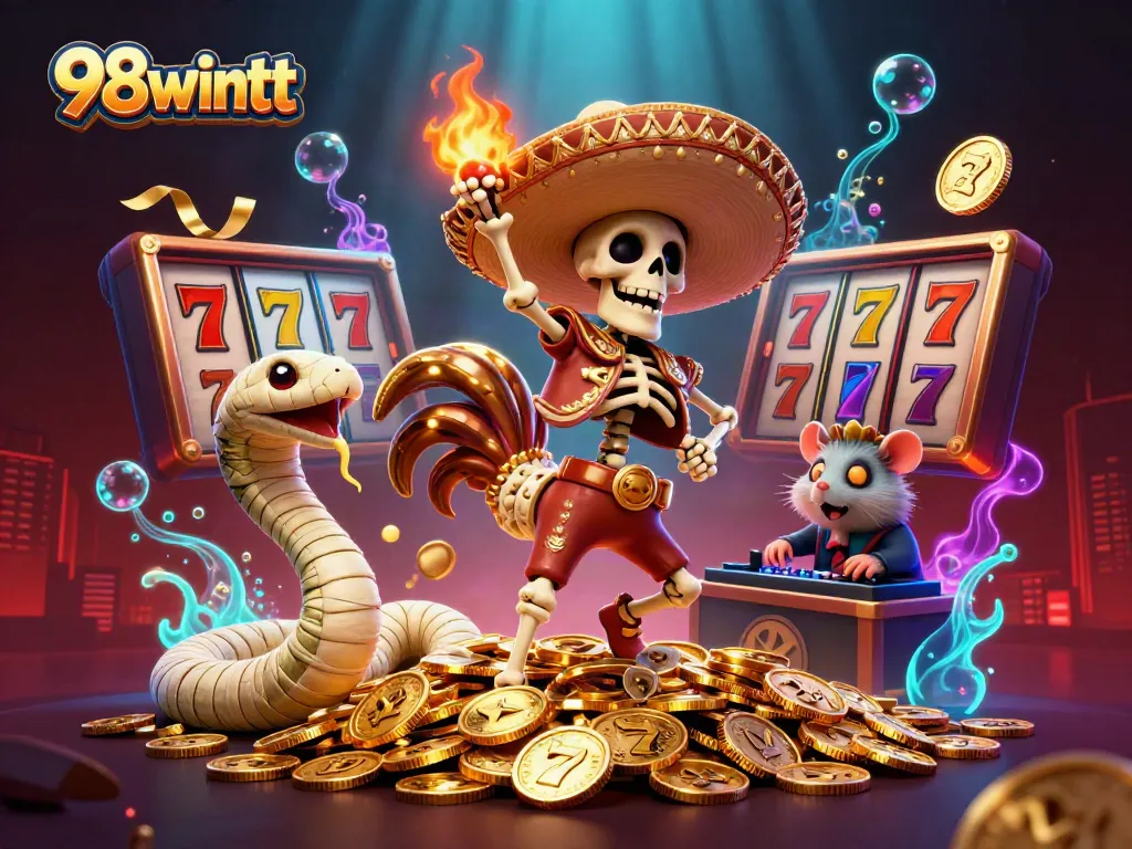 Experience thrilling gameplay at 98wintt with a dynamic casino scene featuring vibrant 3D characters.