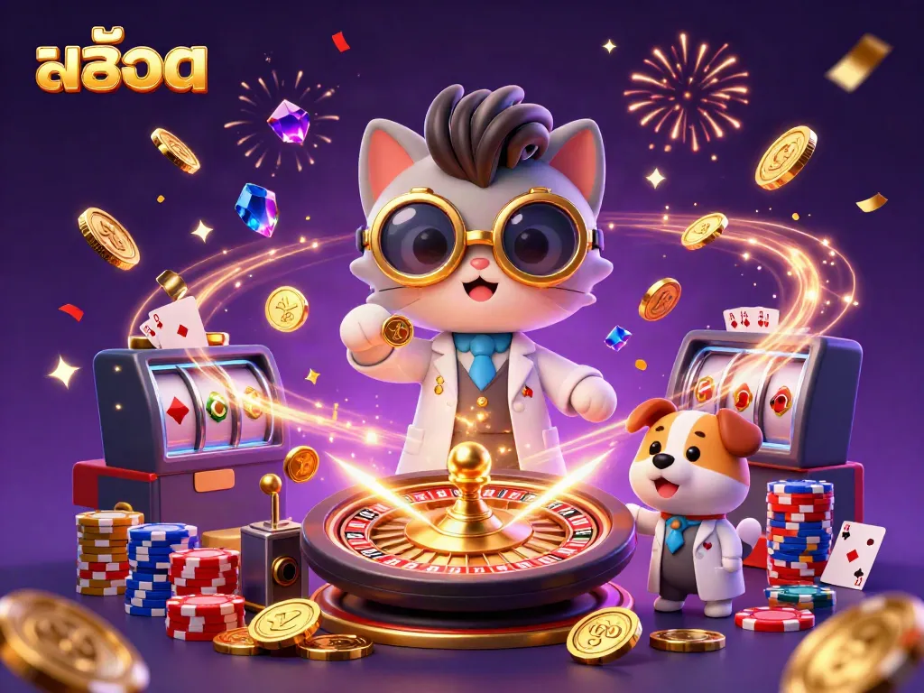Experience the excitement of สล็อต with a playful mad scientist cat and dog in a dynamic casino lab scene.